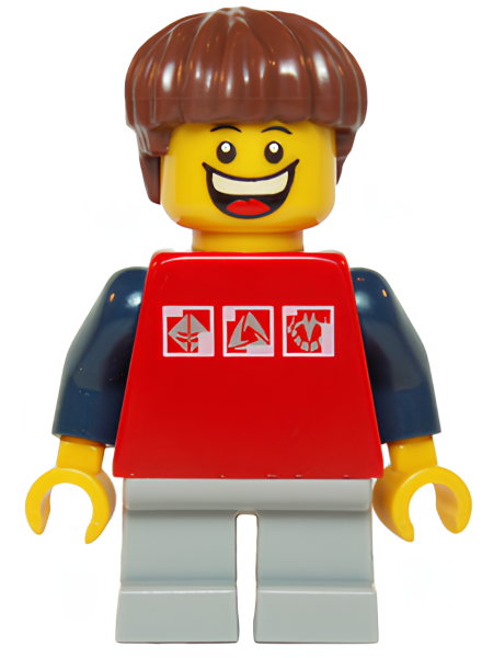 Минифигурка Lego Red Shirt with 3 Silver Logos, Dark Blue Arms, Light Bluish Gray Short Legs, Reddish Brown Hair twn205